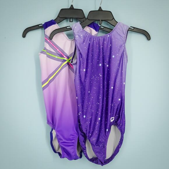 GK Size AS Adult Small Purple Print Gymnastics Sleeveless Leotard Set Lot of 2 - Picture 1 of 9